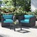 Lark Manor™ Anastase Patio Chair w/ Cushions Wicker/Rattan in Blue | 29 H x 40 W x 35 D in | Wayfair 97B0DED7CE2E41AC9E026C021D0C215B