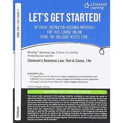 Mindtap Business Law, 2 Terms (12 Months) Printed Access Card for Clarkson/Miller/Cross' Business Law: Text and Cases, 14th