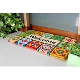 Wade Logan® Avesta Handloom Woven & Printed Welcome Folk Tile Rubber 30 in. x 18 in. Non-Slip Outdoor Door Mat Coir in Brown/Green/Yellow | Wayfair