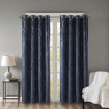 SunSmart 50x95 Knitted Jacquard Damask Total Blackout Grommet Top Curtain Panel in Navy - Olliix SS40-0102