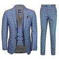 Mens 3 Piece Blue Check Suit Retro Vintage Smart Tailored Fit Classic Formal[Hector,Blue,UK/US 50 EU 60,Trouser 44"]