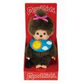 Sekiguchi 233748 - Original Monchhichi Mädchen Sleepy, Plüschfigur mit blauem Lätzchen und Zopf mit pinker Schleife, ca. 20 cm großes Kuscheltier aus braunem Plüsch