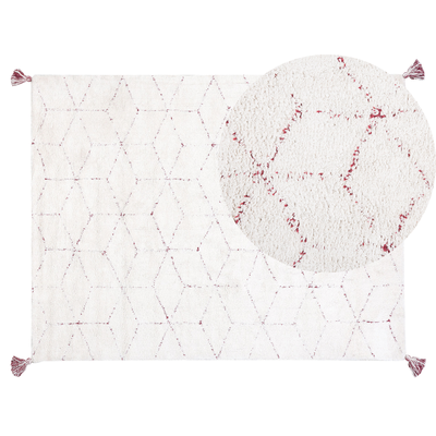 Shaggy Teppich Weiß Rot Baumwolle 140 x 200 cm Hochflor mit Fransen Getuftet Rechteckig