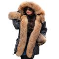Aox Women Winter Denim Coat Thicken Lined Faux Fur Hood Jacket Warm Sherpa Fur Overcoat Plus Size Jean Outerwear (16-18, Grey 2033)