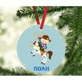 The Holiday Aisle® Western Rodeo Blonde Haired Boy w/ White Horse & Rope Personalized Christmas Ball Ornament in Blue | 3.5 H x 3.5 W in | Wayfair