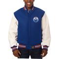 Men's JH Design Blue/White Edmonton Oilers Big & Tall All-Wool Leather Full-Snap Jacket