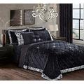 swift 3 Piece Quilted Bedspread/Bed Throw with Pillow Shams Luxury Premium Quality Crushed Velvet (Black, Super King)