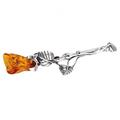 Large Single Rose Oxidised Silver Brooch Pin/Clip in Orange Amber in Vintage Style for Women - 925 Sterling Silver