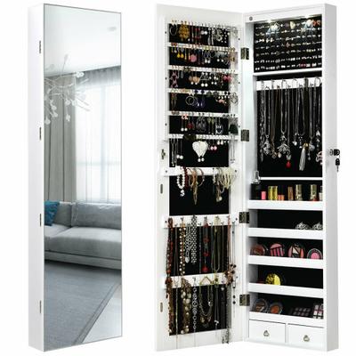 Costway Wall and Door Mounted Mirrored Jewelry Cabinet with Lights-White