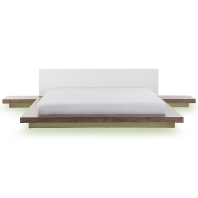 Bett Weiß und Hellbraun Kunstleder / MDF-Platten mit LED-Beleuchtung Lattenrost 180 x 200 cm 2 Nachttische Japanisch Sch