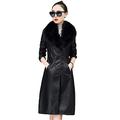 Women Trench Coat Leather Faux Fur Plush Slim Long Woolen Coat Windbreaker Black