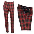 Men's Classic Retro Sta Press Slim Fit Flat Fronted Red Black Green Stewart Tartan Golf Trousers 60s 70s Mod Pants (36" Waist)