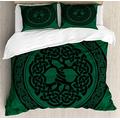 ABAKUHAUS Celtic Duvet Cover Set, Tree of Life Pattern, Bedding Set 3 Pieces with 2 Pillow Shams, 200 x 200 cm - 70 x 50 cm, Forest Green Black