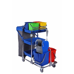 CleanSV® BA Master chrom Servicewagen, Reinigungswagen. 2 x 18 Liter Eimer mit Abfallsammler, 4 x 6 L. Eimer, Profi Moppresse Image