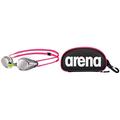 ARENA Kinder Unisex Wettkampf Schwimmbrille Tracks Jr. Mirror, Silver-White-Fuchsia (18), One Size & Unisex Schwimmbrillen Etui zur Aufbewahrung der Schwimmbrille, Black-White-Fuchsia (509), One Size