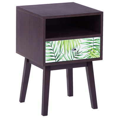 Nachttisch Dunkler Holzfarbton Palmenmotiv MDF Platte Faserplatte Gummibaumholz 61 x 40 x 40 cm Modern Dschungel Motiv S