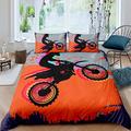 Loussiesd 3D Cool Motorbike Comforter Cover Set Double for Boys Men Speed Motocross Duvet Cover Riding Theme Bedding Set Orange Bedspread Cover with 2 Pillow Shams Microfiber Bed Cover Zipper