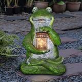 Exhart Solar Frog Kathy Ireland Garden Statue Holding a Firefly Jar w/ Eight LED Fairy Lights Resin/ in Green/White | 11 H x 7 W x 6 D in | Wayfair