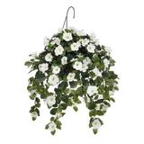 One Allium Way® Artificial Petunia Hanging Basket Fabric in Green/White | 33 H x 26 W x 26 D in | Wayfair 4220A17890BA48099DDA6DEADFF959BC