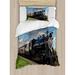 East Urban Home Steam Engine Vintage Locomotive in Countryside Duvet Cover Set Microfiber in Blue | Twin | Wayfair nev_22395_twin