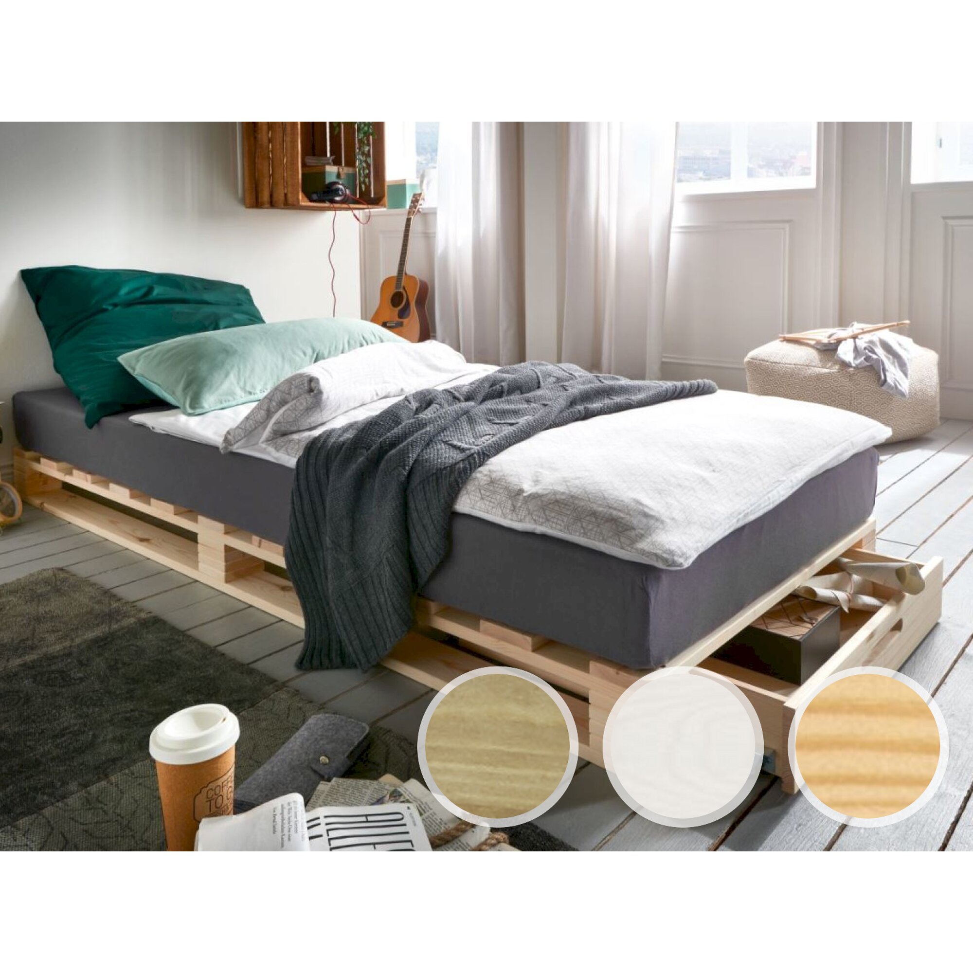 Massivholz »Charly« Palettenbett 90x200 cm / laugenfarbig