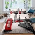 Loussiesd Modern Duvet Cover Set King Size, Soft Famous London Print Red Grey Comforter Cover Set 3 Pieces Bedding Set with 2 Pillow Shams, Zipper, Decorative Retro Telephone Booth The Big Ben