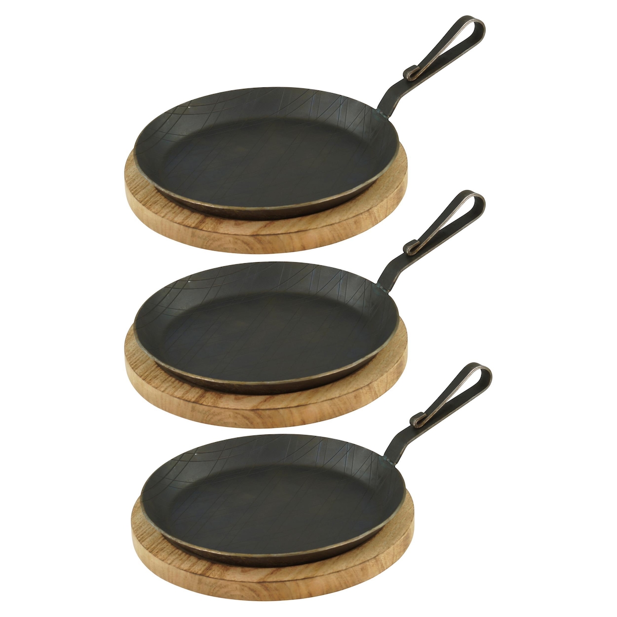 GVK ECO Servierpfanne aus Schmiedeeisen gebogener Hakenstiel Ø 28 cm 3 Stück inklusive Brett Image