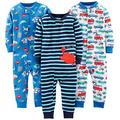 Simple Joys by Carter's Baby Mädchen 3-Pack Snug Fit Footless Cotton Pajamas Schlafstrampler, Blau Meereswelt/Marineblau Streifen/Weiß Autos, 12 Monate (3er Pack)
