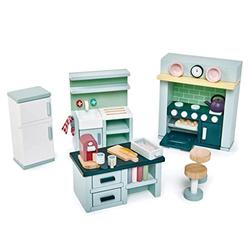 Tender Leaf Toys Dolls House Kitchen Furniture - Wooden Kitchen Furniture with Aga, Sink Unit, Fridge and Island Unit for Dolls 10-12cm Tall