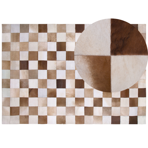 Teppich Beige Braun Echtleder 160 x 230 cm Kurzflor Quadrate Patchwork Maschinengewebt Rechteckig