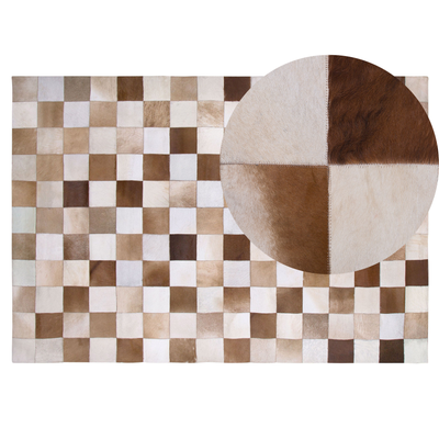 Teppich Braun mit Beige 140 x 200 cm aus Leder Geometrisches Muster Kariert Handgefertigt Modern Landhausstil