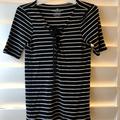 American Eagle Outfitters Tops | Aeo Lace-Up Neckline Striped Short-Sleeved Top | Color: Black/White | Size: S