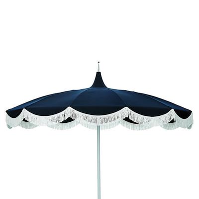 Pacific Pagoda 8.5 ft Patio Umbrella with Fringe Edge - Canvas Navy Sunbrella - Ballard Designs