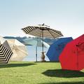 Auto Tilt Patio Umbrella - Canopy Stripe Navy/Sand Sunbrella, Bronze, 9' - Ballard Designs Canopy Stripe Navy/Sand Sunbrella - Ballard Designs