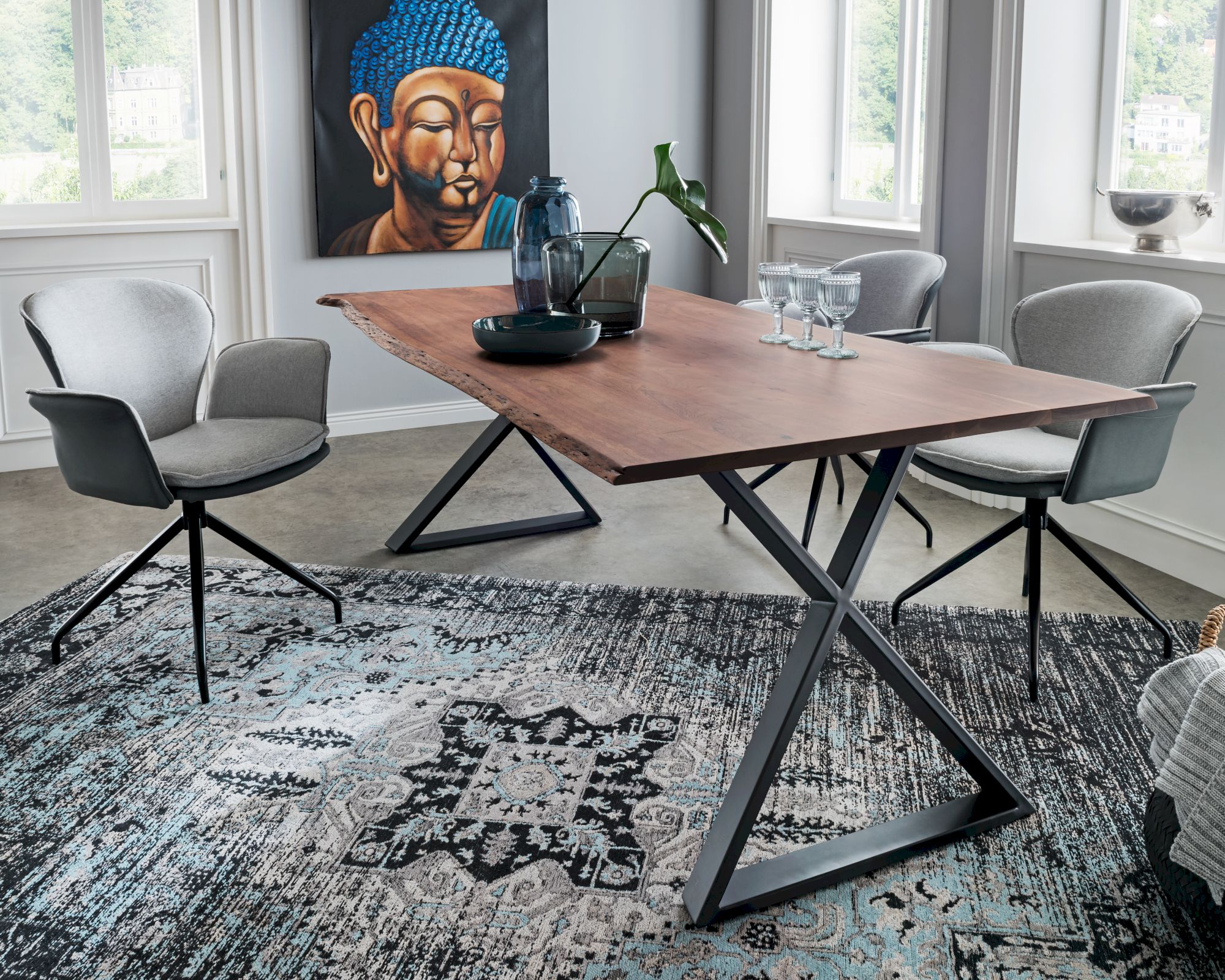 Massivholz »Thor« Akazie Baumkante-Tisch IV 180x100 cm / 35mm / Akazie natur / Metall matt schwarz pulverbeschichtet Image