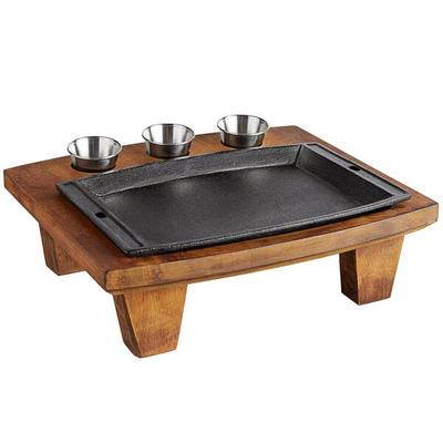 Valor 11 1/2" x 7" Rectangular Pre-Seasoned Cast Iron Fajita Skillet with 14" x 10" x 4 1/2" Rustic Chestnut Finish Display Stand and 1 Dozen Sauce Cups