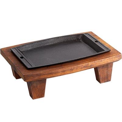 Valor 11 1/2" x 7" Rectangular Pre-Seasoned Cast Iron Fajita Skillet with 14" x 10" x 4 1/2" Rustic Chestnut Finish Display Stand