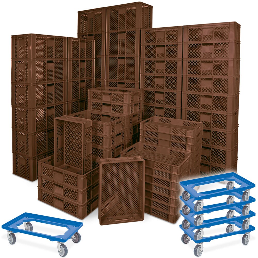 BRB 78 Stück Stapelkörbe/Bäckerkästen in 5 Größen, Grundmaß LxB 600 x 400 mm, H 90 mm, 150 mm, 240 mm, 320 mm, 410 mm, Farbe braun, blau Image