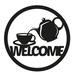 Winston Porter Charlevoix Round Welcome Sign w/ Coffee Tea Pot Laser Cut Solid Steel Wall Sign Hanging Metal in Black | Wayfair