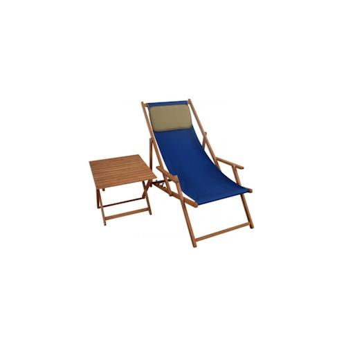 Strandstuhl blau Liegestuhl Sonnenliege Tisch Kissen Deckchair Buche Gartenstuhl 10-307 T KD