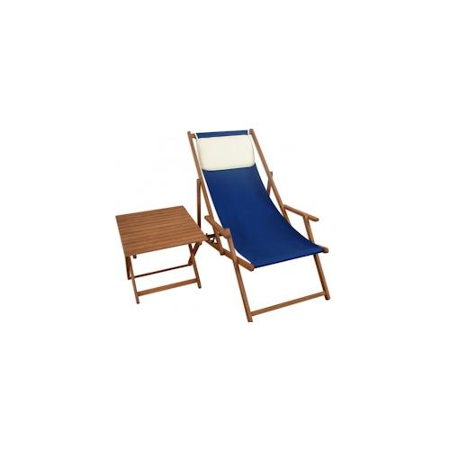 Gartenliege blau Liegestuhl Tisch Kissen Sonnenliege Strandstuhl Deckchair Buche 10-307 T KH