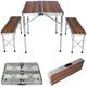 Table de camping alu couleurs bois pliante en valise + 2 bancs - 90 cm