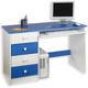 Bureau enfant multi rangements malte, tiroirs et support clavier pin massif lasuré blanc bleu