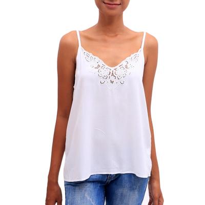 Snow White Kerawang,'Floral Embroidered Rayon Tank Top in Snow White from Bali'