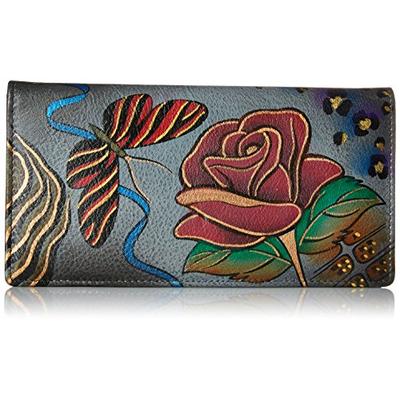 Anna by Anuschka Women's Handpainted Leather Ladies Wallet Snap Button Closure, Rose Safari Grey
