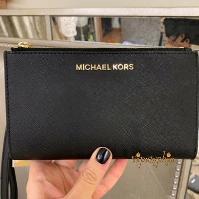 Michael Kors Jet Set Travel Double Zip Wristlet Leather Phone Case Wallet Black