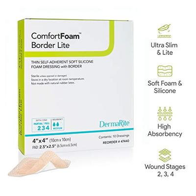 Dermarite Industries Comfort Foam with Border, Lite Thin Foam with Silicone, 4x4, 10 Count