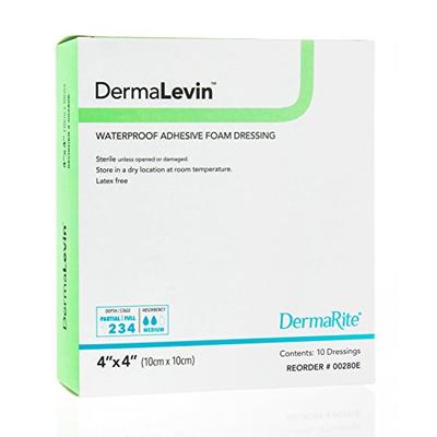 Dermalevin Waterproof Adhesive Foam Dressing, 2x2 Pad 4x4 Overall Sterile, 10 Box