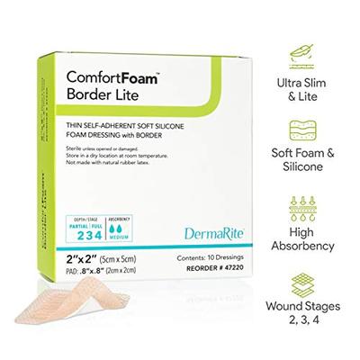 Dermarite Industries Comfort Foam with Border, Lite Thin Foam with Silicone, 2x2, 10 Count