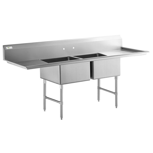 Regency 96" 16-Gauge Stainless Steel Two Compartment Commercial Sink with Stainless Steel Legs, Cross Bracing, and 2 Drainboards - 23" x 23" x 12" Bowls
